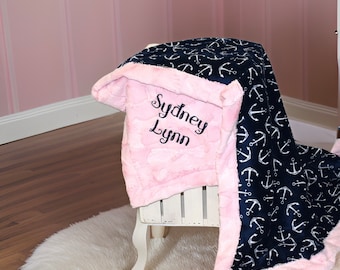 Personalized Baby Gifts,  Nautical Pink Baby Girl Blanket, Custom pink minky blanket, Anchor girl blanket for nautical baby girl nursery