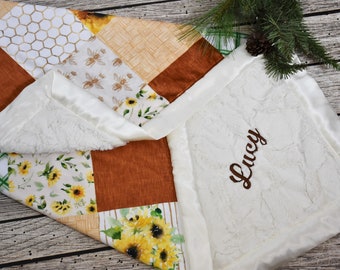 Personalized Sunflower baby girl minky blanket, Yellow and Brown Floral Baby girl Shower Gift, Personalized custom baby blanket gift