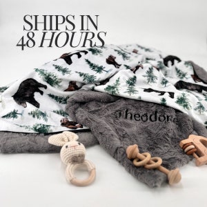 Coperta per neonato con orsetto personalizzata, regalo per ragazzo, coperta in minky, regalo per baby shower con animali del bosco, coperta morbida per neonato per neomamma