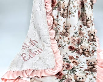 Personalized Baby Blanket Teddy Bear Floral Print Pink Satin Trim Nursery Crib Bedding Custom Minky Throw Embroidered Infant Gift Baptism