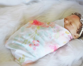 Pink Floral Boho Baby Swaddle Blanket - Perfect Baby Girl Gift for Pink and Mint Nursery - Photo Prop - Matching Burp Cloths Available