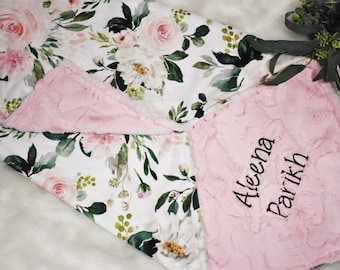 Personalized baby blanket Floral Pink baby girl minky blanketpink watercolor floral personalized baby girl gift Newborn baby gift