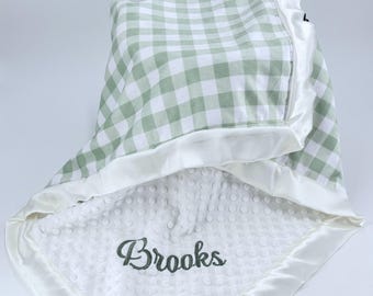 Personalized Baby Blanket Sage Green Gingham Minky Shower Gift Newborn Photo Prop Soft Toddler Keepsake Custom Nursery Farmhouse Receiving