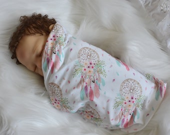 Knit Swaddle Blanket-Coral Dreamcatcher Tribal Swaddle Baby Girl Blanket-Coral Dreamcatcher Baby Girl Shower Gift