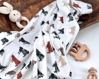 Farm Baby Swaddle Newborn Blanket Cow Print Nursery Decor Room Gift Shower Bundle Farmhouse Style Country Design Black White Infant Wrap