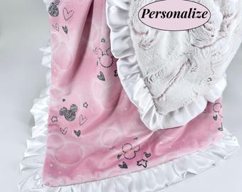 Disney Nursery Blanket Baby Girl Mickey Mouse Character Infant Gift Idea Custom Toddler Bedding Accessory Pink Minky Satin Ruffle Throw