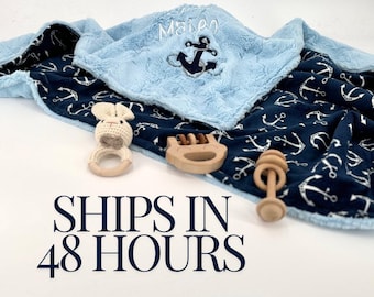 Nautical Baby Blanket Personalized Anchor Soft Minky Throw Shower Gift Navy Blue Pattern Coastal Nursery Decor Embroidered Keepsake Sailor