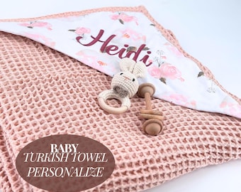 Hooded Baby Towel Soft Wrap Turkish Design Custom Name Bath Gift Newborn Present Washcloth Bundle Floral Hood Infant Care Package Set Soft