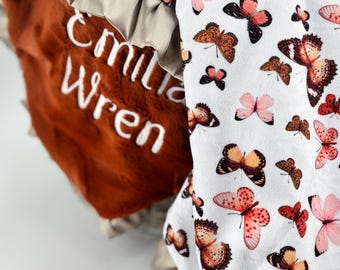 Pink Butterfly Blanket with Name Baby Gift for Newborn Girl Bedding Satin Trim Minky Fabric Design Custom Baby Shower Girl Present Monarch