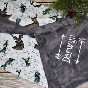 Woodland Personalized Baby boy minky blanket , Gray Deer baby boy gift, custom woodland nursery print, handmade baby gift