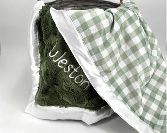 Personalized Baby boy Blanket Sage Green Check Minky Baby Shower Gift Security Blanket Custom Gingham Nursery Decor Soft Newborn Photo Prop