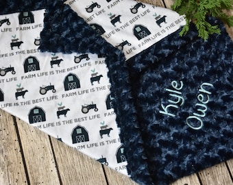 Personalized Blue Country Boy Minky Baby Blanket-Farmer Baby Shower Gift-personalized Farm Life is the best life baby boy shower gift