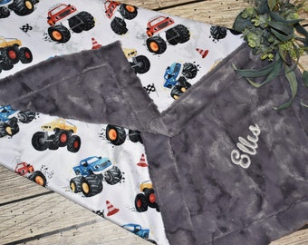 Personalized Monster trucks minky blanket-Baby boy gift, boy truck baby blanket, Monster truck quilt, toddler blanket cars, babies blankets