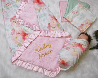 Pink and Gold Boho Baby Girl Personalized Minky Blanket Gift set, Pink and Mint Floral Baby Girl Shower gift, Knit Swaddle and Burp Cloth