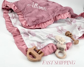 Pink bow girl Baby Blanket Baby Shower Gift Newborn Girl Soft minky Satin Trim blanket handmade Nursery Decor Photography Prop Toddler gift
