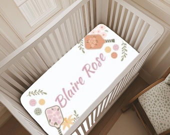 Personalized pickleball Baby Bedding Nursery Name Decor Pink Floral Girl Bed Fitted Sheet Jersey Knit Crib sheet Pickleball Theme baby gift
