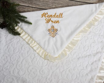 Personalized Baby Gift-Gold Baptism Blanket, Baby girl blanket, baptismal blanket with satin, personalized baptism blanket, baby christening