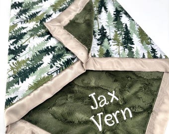 Personalized Baby Blanket Woodland Nursery Security Blanket Baby Shower Gift Satin Trim Custom Name Minky Newborn Photo Prop Forest Theme