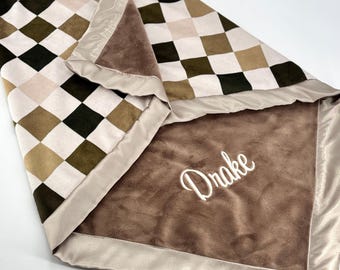 Personalized Taupe checkered baby blanket custom baby gift plush minky name blanket Checker chestnut beige handmade baby shower gift for boy
