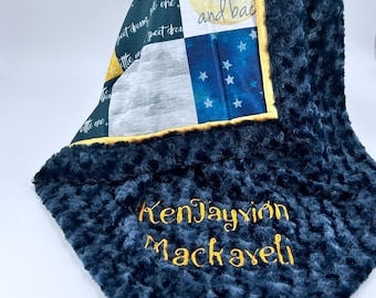 Personalized  Baby Blanket Luna Navy Blue Gold Moon Star Baby Boy Nursery Celestial Theme Stars Newborn Gift Custom Name Bedding Soft Minky