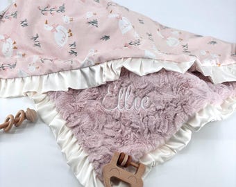 Personalized goose girl Baby Blanket Toddler Baby Girl Gift Baby Shower Gift Nursery Blanket Duck Pattern Pink Minky blanket Satin Trim