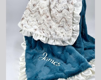 Personalized Baby Blanket Minky Fabric Satin Trim Ruffle Edge Custom Embroidery Nursery Bedding Shower Gift Newborn Wrap Soft Plush Security