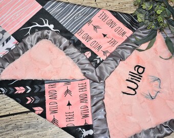 Personalized baby Blanket-Coral Deer Personalized baby gift- Woodland shower gift- baby girl deer blanket--Deer Blanket--newborn baby gift