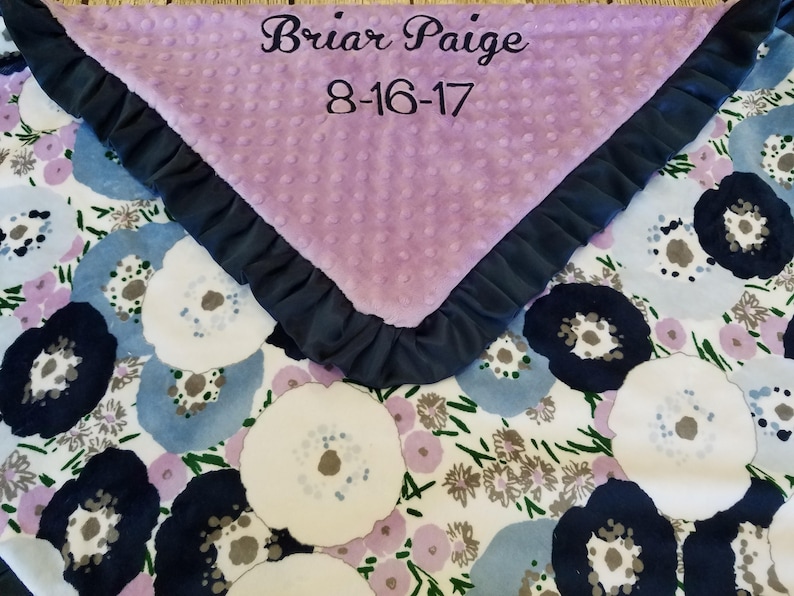 Purple Boho Personalized Baby Girl Blanket-Purple floral baby girl shower gift; Adult Minky Blanket