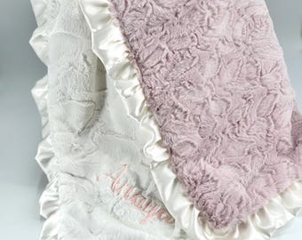 Personalized Baby Blanket Baby Shower Gift Idea Christening Baptism Present Keepsake Satin Trim Ruffled Edge Custom Embroidery Newborn