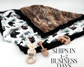 Rustic Nursery Decor Minky Blanket Forest Theme Baby Shower Gift Bear Paw Wood Grain Personalized Woodland Nature Inspired Newborn Present