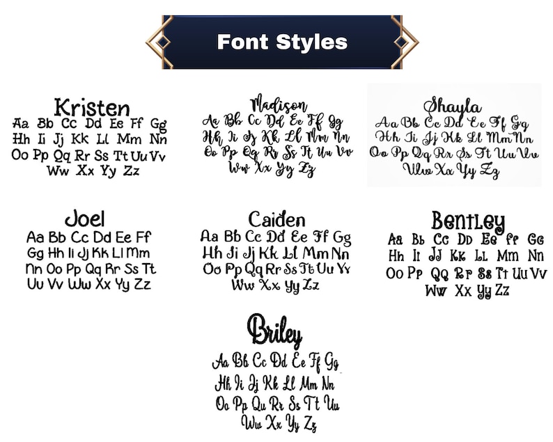 May include: A graphic showcasing various font styles, including Kristen, Madison, and Shayla. Each font is displayed with the alphabet, demonstrating its unique design. The image is ideal for typography and design projects.