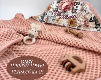 Personalized Baby hooded Towel Turkish Cotton Floral Nursery Decor Toddler name Towel New Mom Baby Gift Soft Absorbent baby towel organic