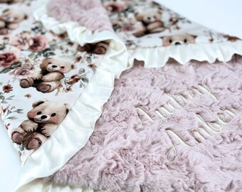 Personalized Baby Blanket Teddy Bear Floral Print Pink Satin Trim Nursery Crib Bedding Custom Minky Throw Embroidered Infant Gift Baptism