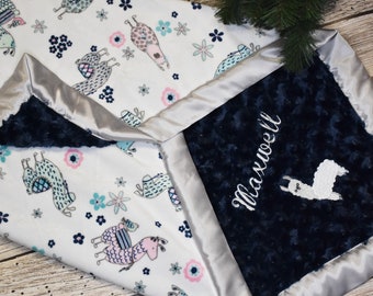 Personalized Baby Gifts- Llama Navy Baby Boy minky Blanket, Gender Neutral baby shower gift, Alpaca baby, Adult minky blanket