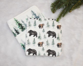 Personalized Bear Forest Animals baby boy burp cloth set-Brown Black Bear woodland baby boy shower gift