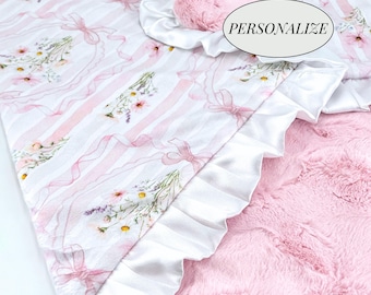 Minky Baby Blanket Pink Satin Trim Personalized Newborn Gift Nursery Accessory Custom Infant Swaddle Soft Plush Throw Feminine Nursery Decor