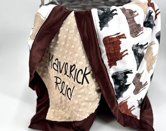 Personalized Baby Blanket Western Style Cow Print Baby Gift Boy Nursery Minky Fabric Custom Name Newborn Wrap Cowhide Design Shower Present