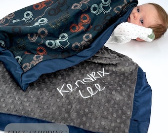 Personalized Baby Blanket Baby Shower Gift Nursery Decor Minky Tractor Print Baby's Name Keepsake Satin Trim Farmer Toddler Blanket Soft