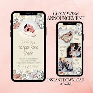 Faire-part numérique pour nouveau-né design bohème floral rose carte de naissance bébé fille modèle personnalisé cadeau nouveau-né douche image numérique téléchargement naissance