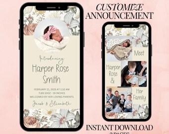 Digital Newborn Announcement Boho Design Pink Floral Birth Card Baby Girl Custom Template Newborn Gift Shower Digital Image Download Birth