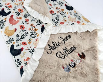 Chicken Baby Blanket Personalized Farm Nursery Bedding Custom Minky Floral Farmhouse Girl Gift Toddler Country Style Infant Chicken Nursery