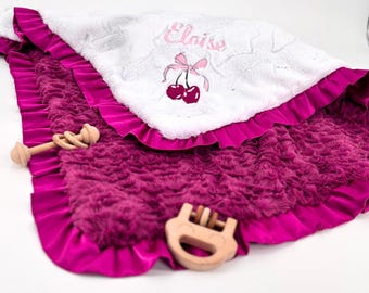 Baby Girl Blanket Satin Trim Ruffle Detail Newborn Comfort Name Custom Keepsake Gift Shower Present Nursery Bedding Mint Color Security