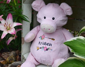 Personalized Pig baby stuffed animal, birth announcement farm girl boy baby shower gift, customized stuffed animal