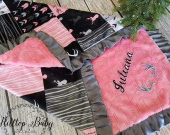 Personalized baby Blanket-Coral Deer Personalized baby gift- Woodland shower gift- baby girl deer blanket--Deer Blanket--newborn baby gift