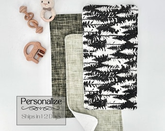 Personalized forest baby shower gift burp cloth set for hunting baby woodland nursery forest  animal woodland boy baby gift set for newborn