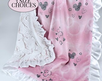 Disney Blanket Baby Girl Mickey Mouse Nursery Character Infant Gift Idea Custom Toddler Bedding Accessory Pink Minky Satin Ruffle Throw