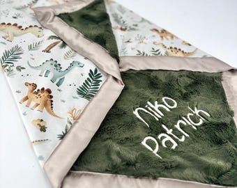 Dinosaur Baby Blanket Minky Personalized Custom Throw Plush Dinosaur Nursery Bedding Green Prehistoric Accessory Satin Trim Toddler Nap
