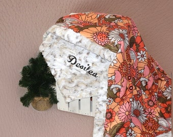 Personalized floral girl Minky Baby Blanket, hippy neutral soft baby blanket for floral girl nursery, coral floral mushroom baby blanket