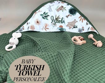 Personalized Baby woodland Hooded Towel Baby Shower Gift Waffle Turkish Nursery Decor Soft Cotton Infant Towel Gentle Newborn Bath Towel