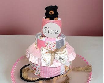 Personalized baby shower diaper cakes centerpieces, tier cakes unique baby gift for girl, Woodland baby shower diaper cake for nursery decor